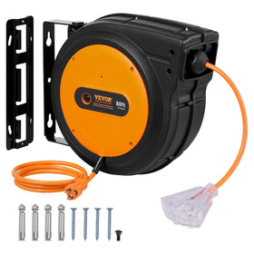 VEVOR retractable extension cord reel 80ft case with rugged housing for tough workshop use.