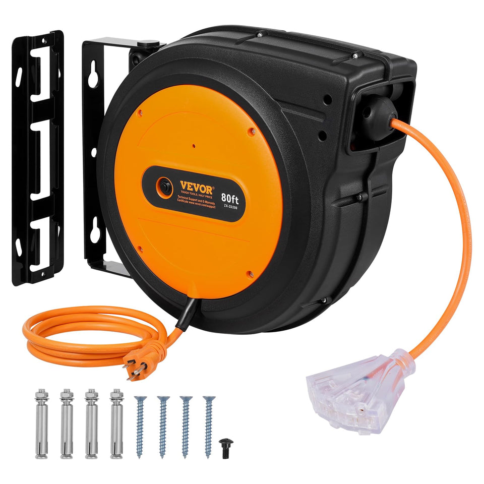 VEVOR retractable extension cord reel 80ft case with rugged housing for tough workshop use.