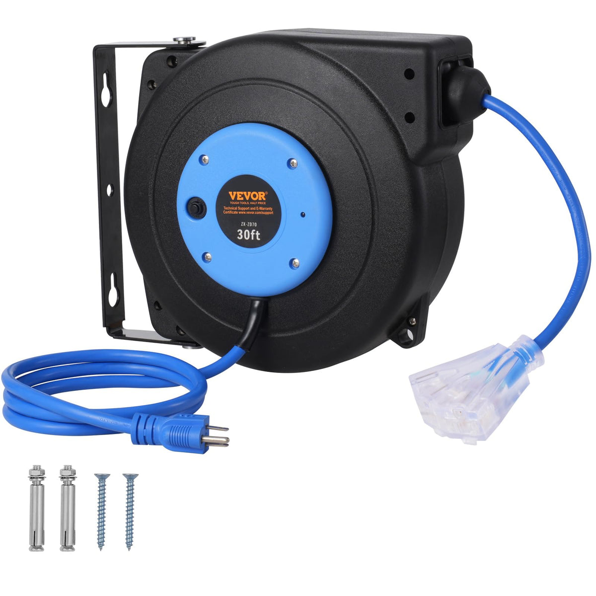 VEVOR retractable cord reel blue 30ft for tidy workshop power access.