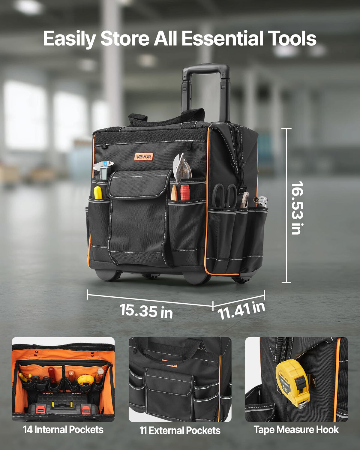 Rolling tool bag with 110 lbs capacity for heavy tools during transport