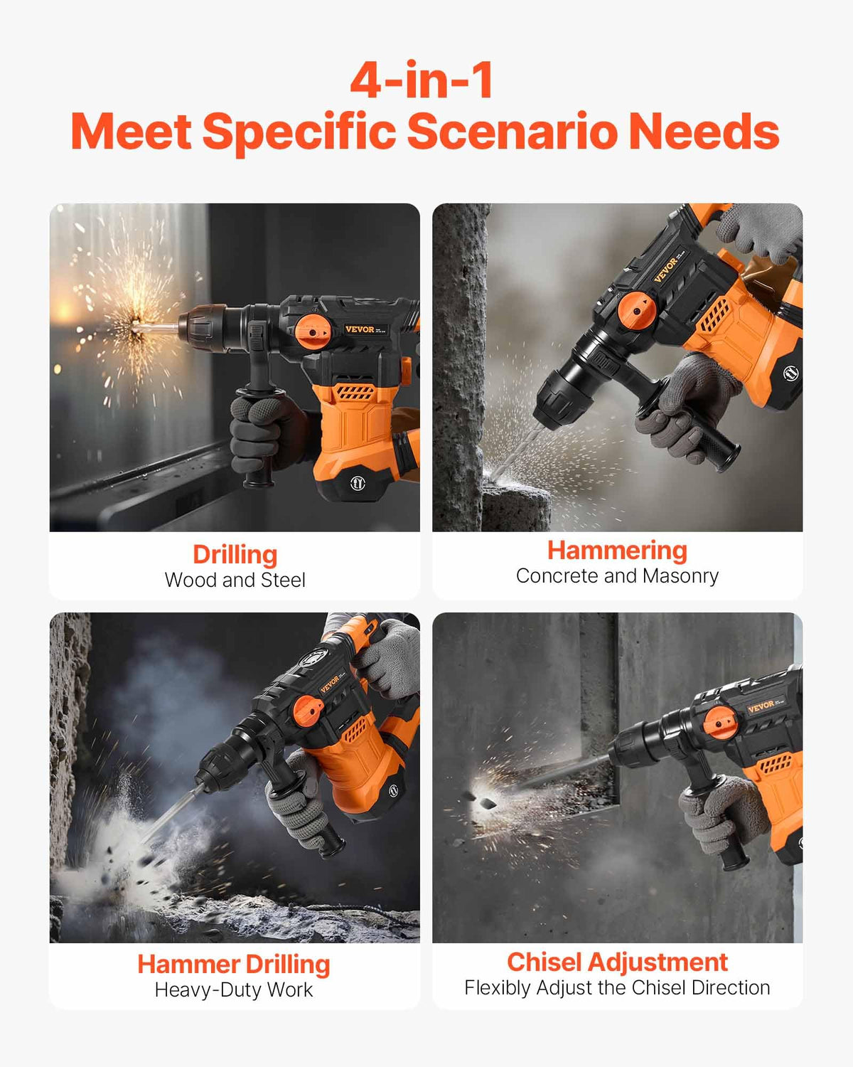 VEVOR four-function mode enables quick switching for wood, masonry, and metal