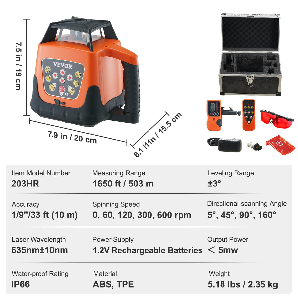 VEVOR 1650 ft distance enables long-range alignment with the detector.