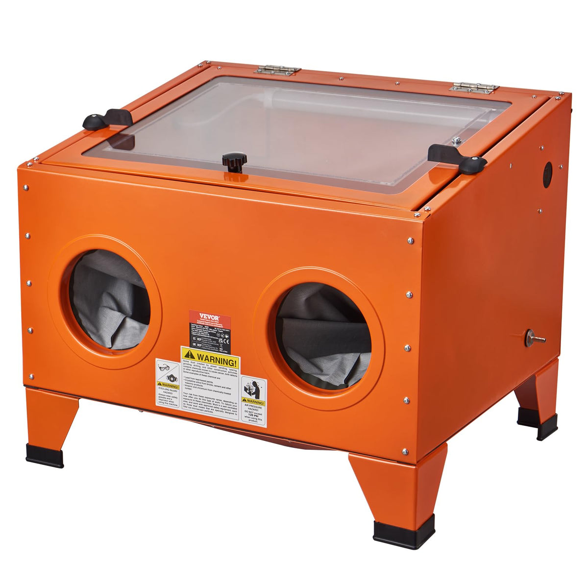 VEVOR SBC90 front view on a workbench showing compact benchtop setup for small parts blasting