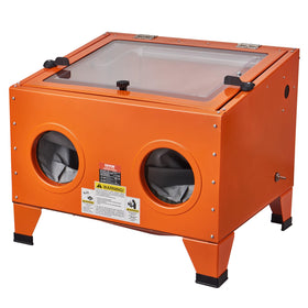 VEVOR SBC90 front view on a workbench showing compact benchtop setup for small parts blasting