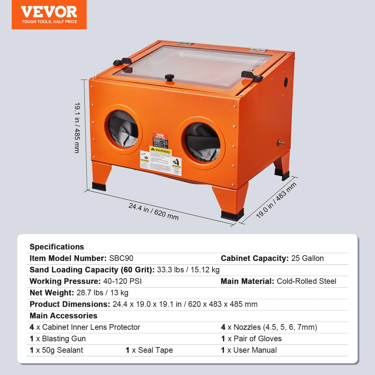 Powder-coated cold-rolled steel construction of VEVOR SBC90 highlights durability