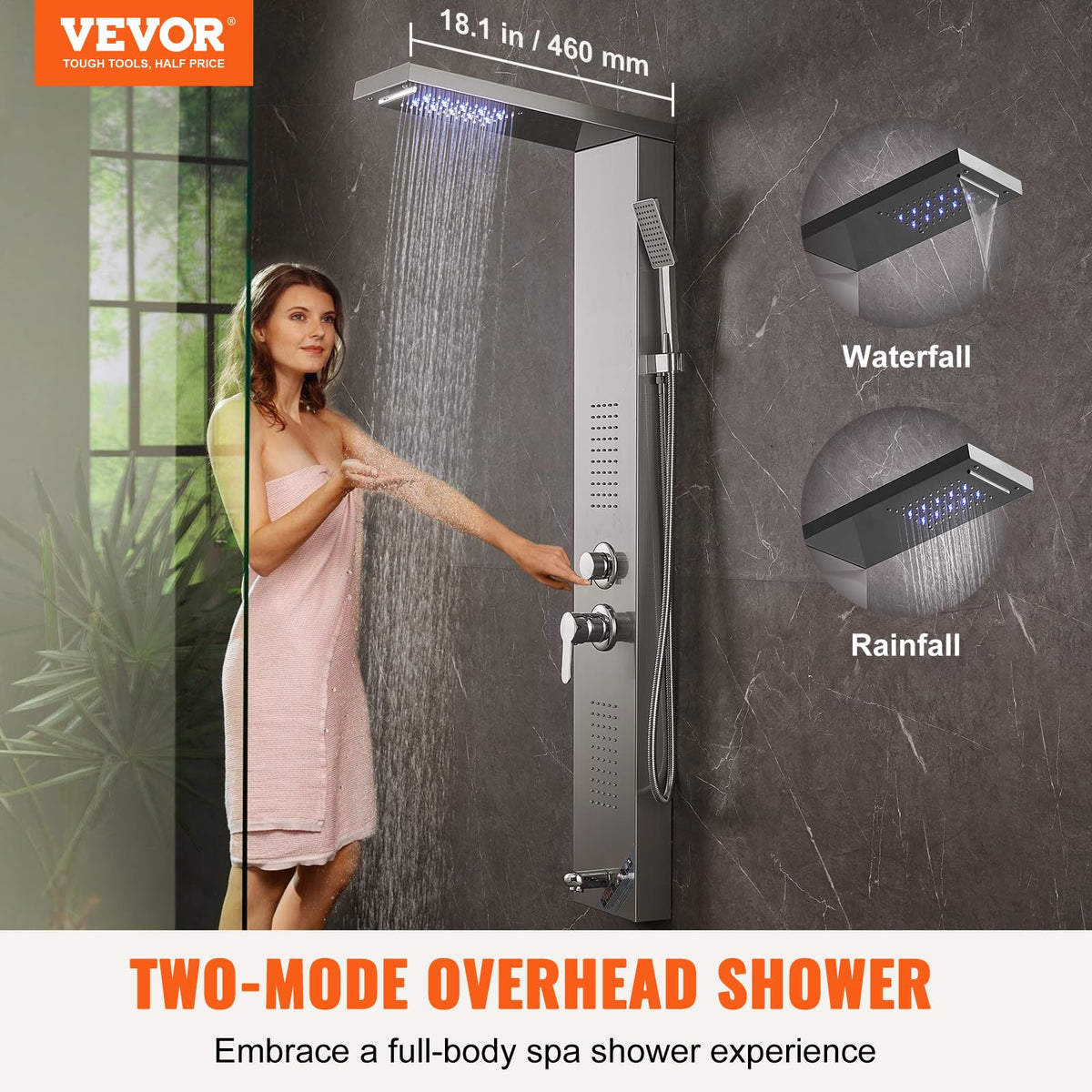 VEVOR rainfall mode shower panel provides enveloping coverage