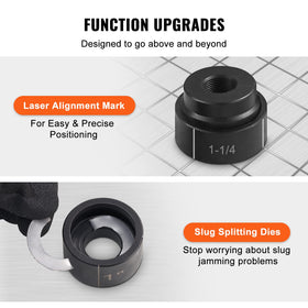 Slug splitting dies shown for clean, round holes with reduced cleanup.