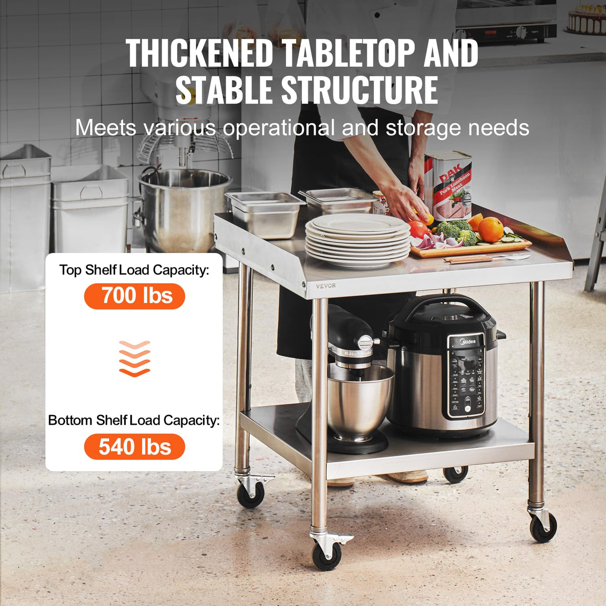 VEVOR stainless steel work table with 3 sided backsplash to prevent spills.
