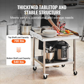 VEVOR stainless steel work table with 3 sided backsplash to prevent spills.