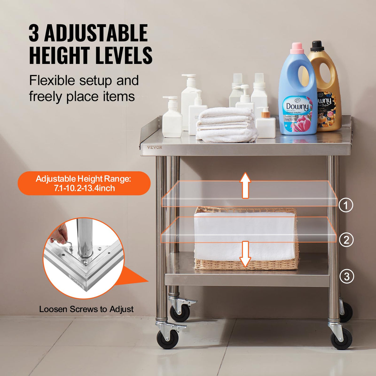 VEVOR adjustable shelves on work table for different sizes.