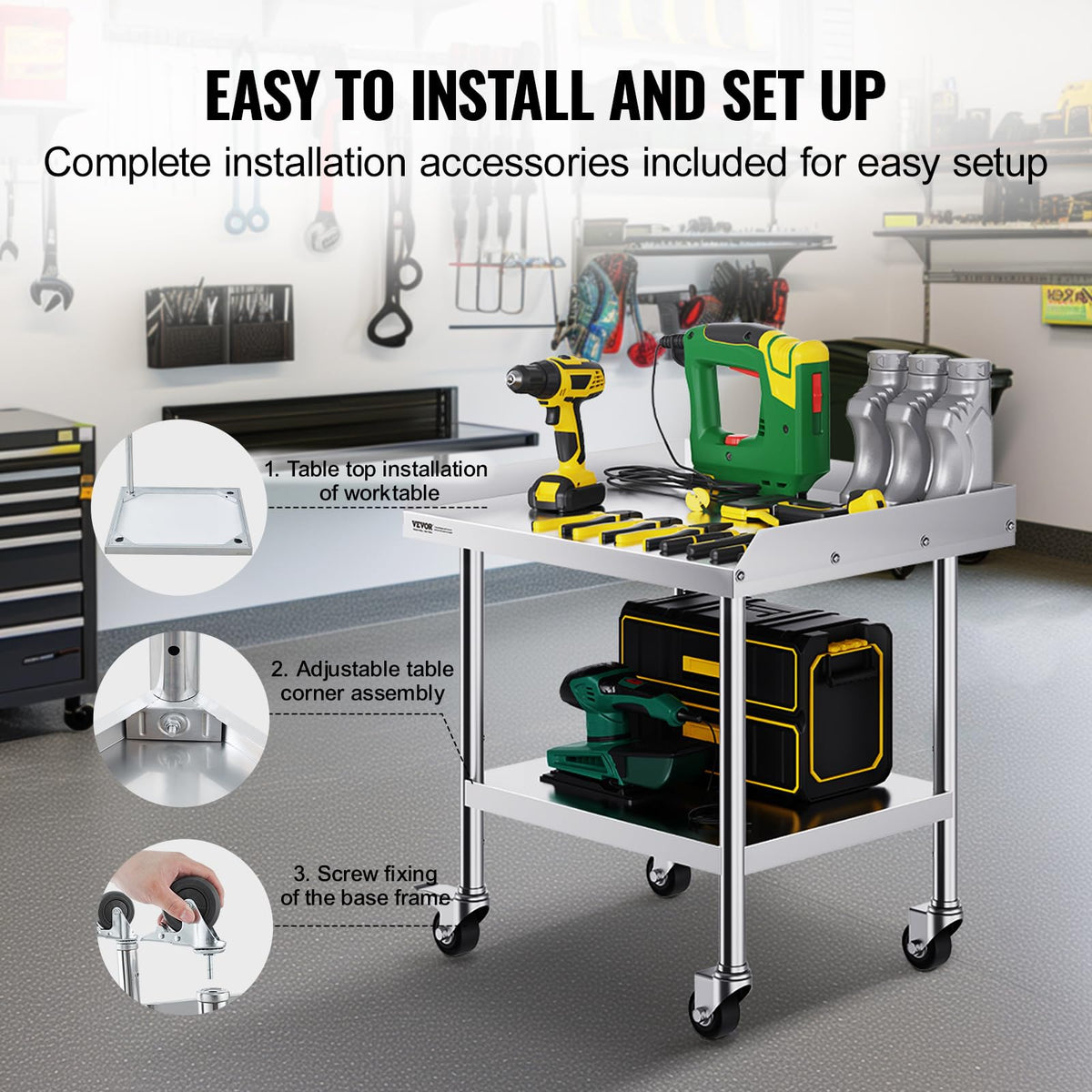 VEVOR work table with two brake casters for stability.