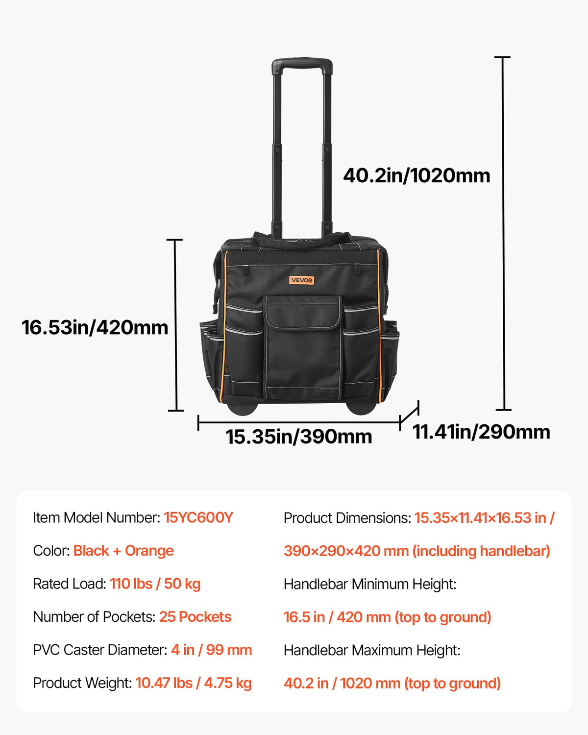 Orange lining inside the VEVOR rolling tool bag for quick finding items