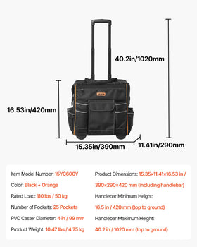 Orange lining inside the VEVOR rolling tool bag for quick finding items