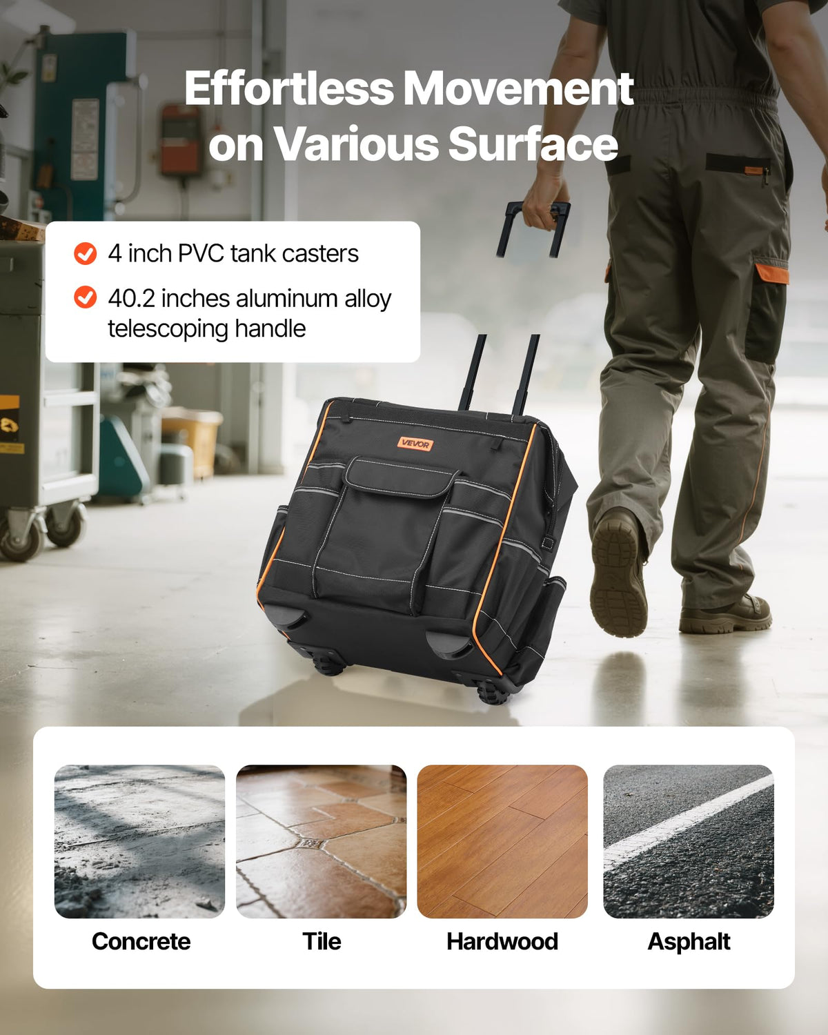 Telescoping handle on VEVOR bag extends to 40.2 inches for easy pulling