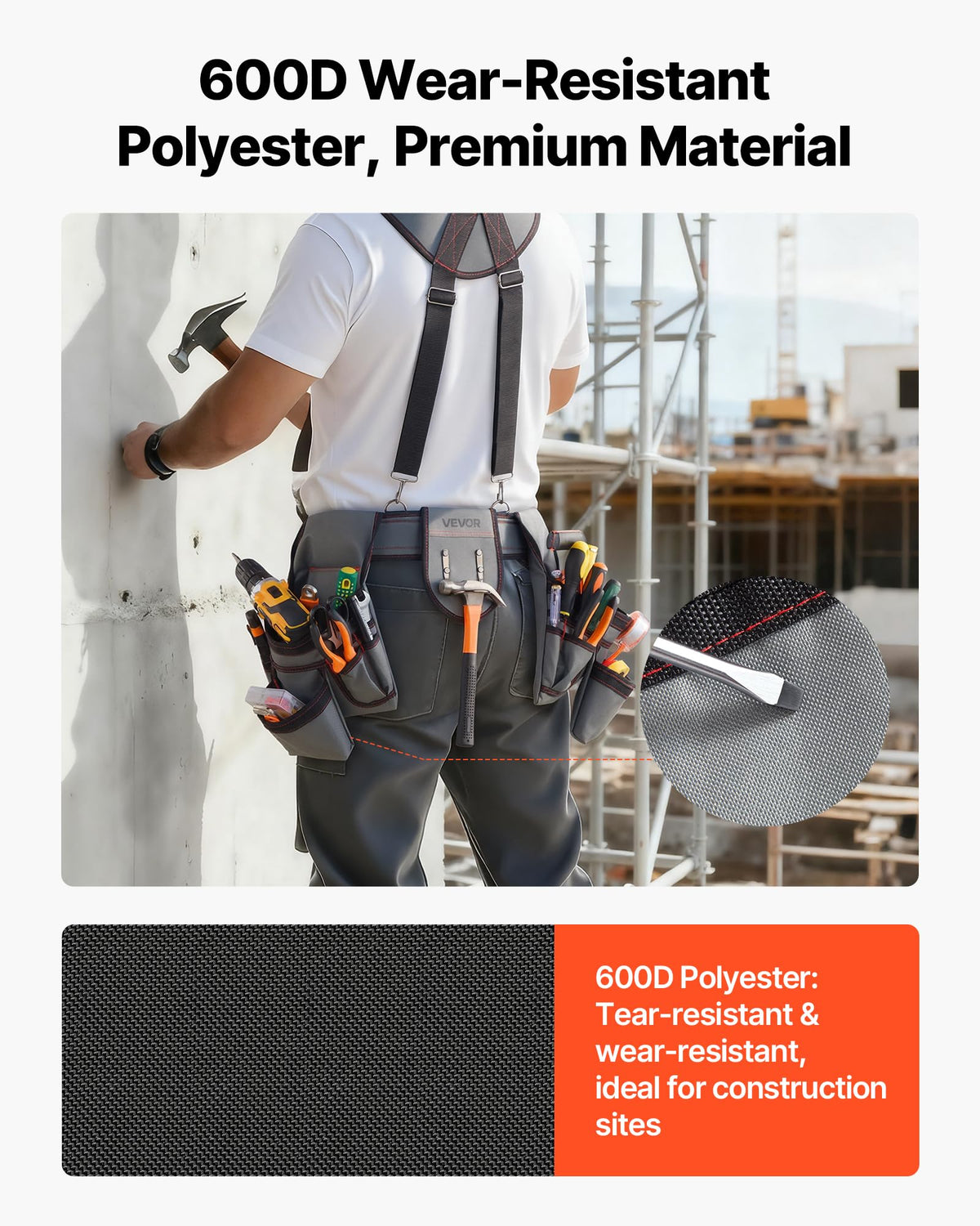 600D reinforced polyester with double-stitched seams resists wear.