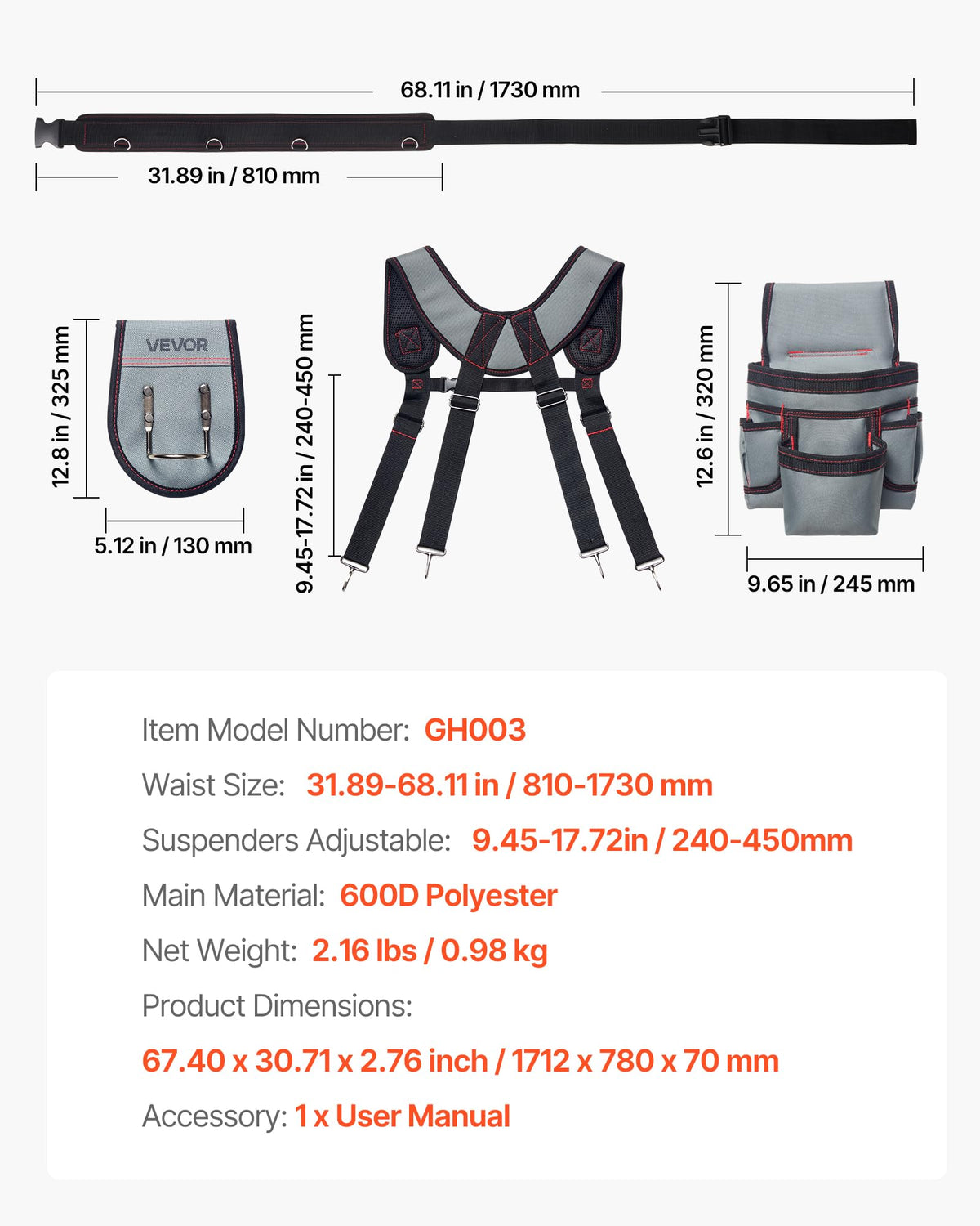 VEVOR belt keeps tools accessible hands-free for quick work.