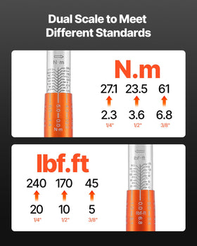 VEVOR dual-range scale on the wrench aids quick setting.