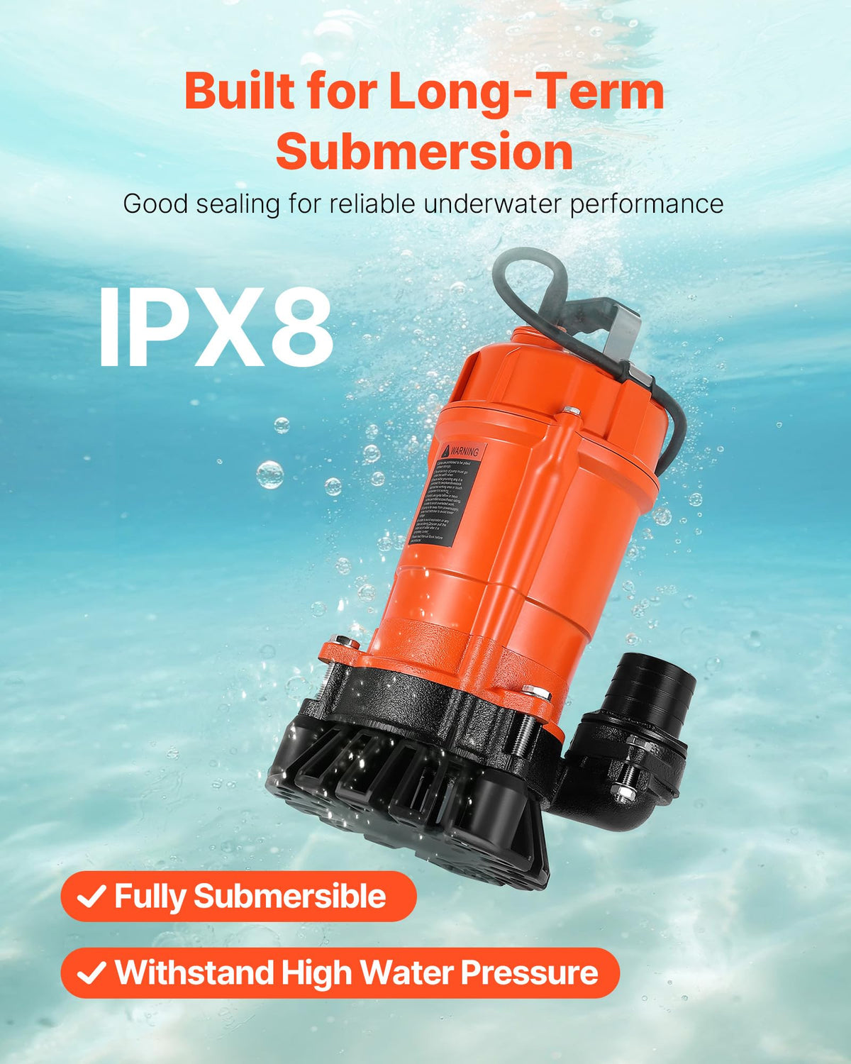VEVOR cast iron body emphasizes durability and long-term submersion.