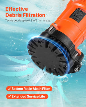 VEVOR long power cord reaches distant drainage sites up to 10 m.