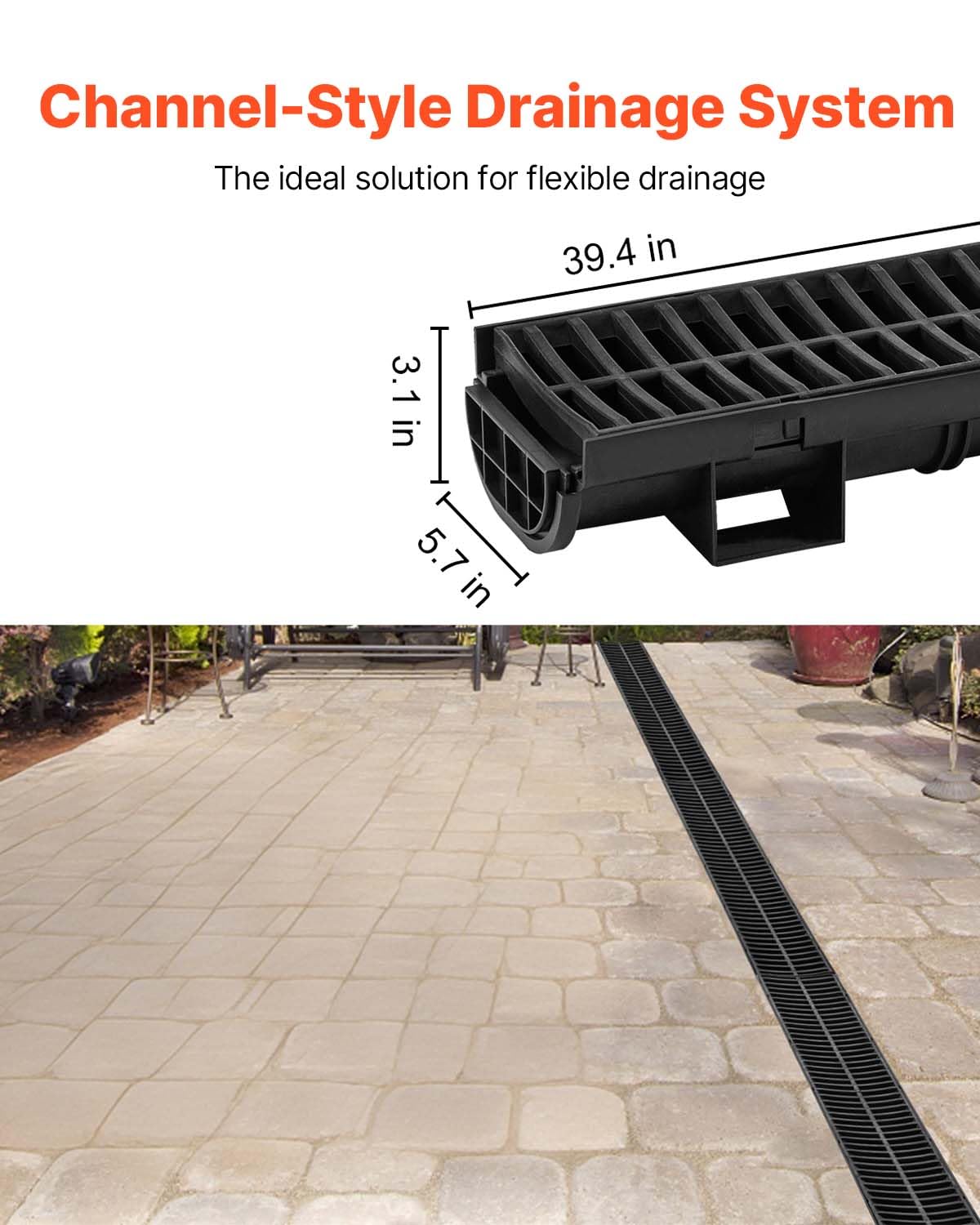 VEVOR trench drain channel section demonstrating modular length options.
