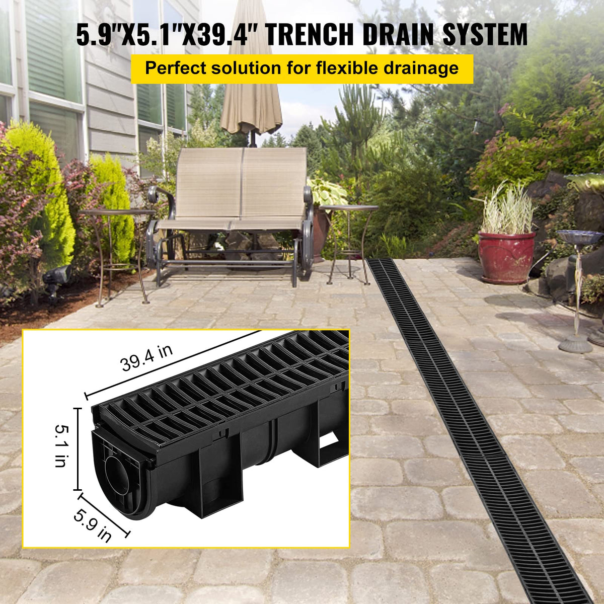 VEVOR trench drain channel detail highlighting durable HDPE construction