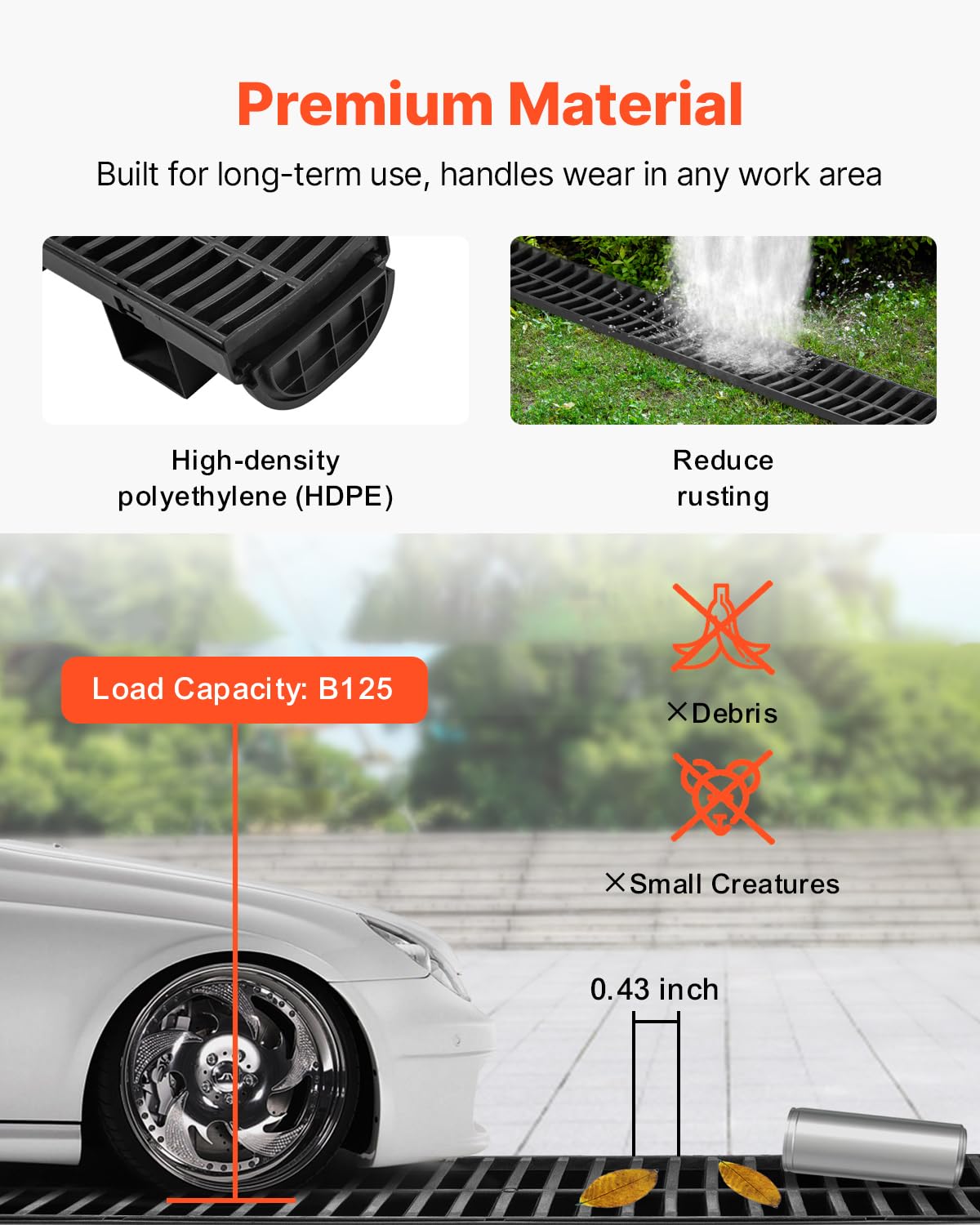 VEVOR detachable grate allows tool-free debris clearance.
