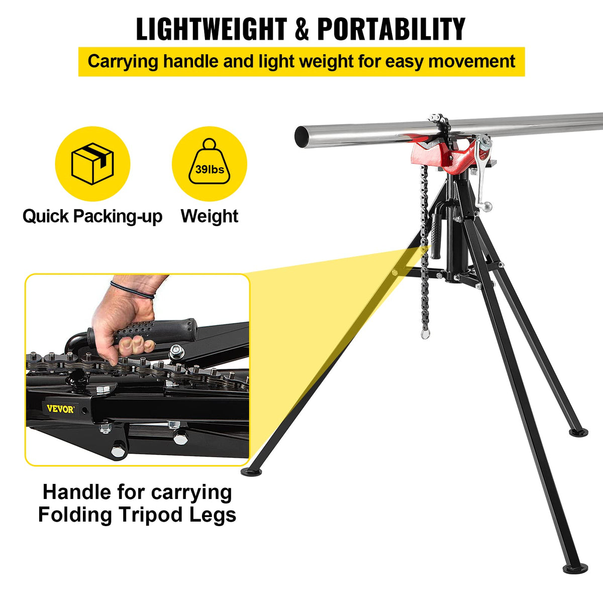 Carrying handle on the VEVOR tripod vise facilitates moving between sites