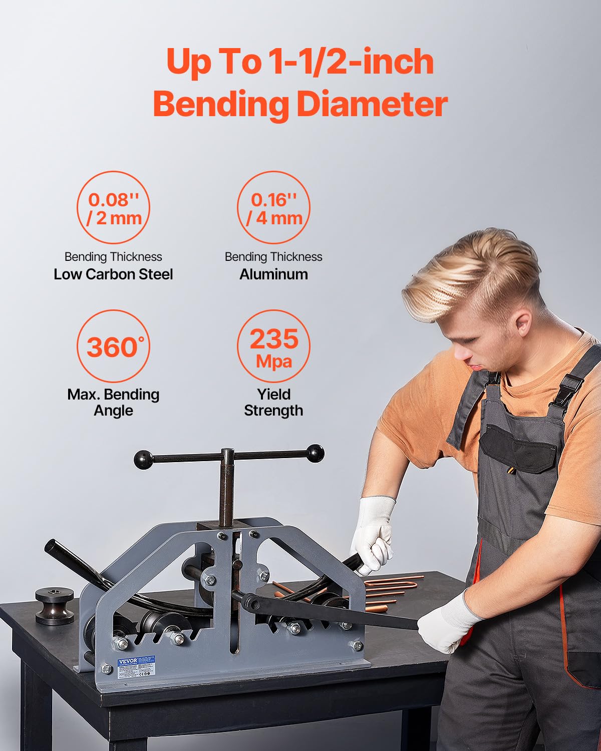 VEVOR Tube Roller Bender dies set enables precise bends on multiple profiles.