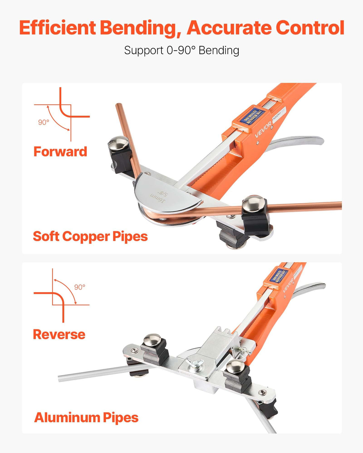 VEVOR tubing bender with manual ratchet handle enables one-handed operation in tight spaces.