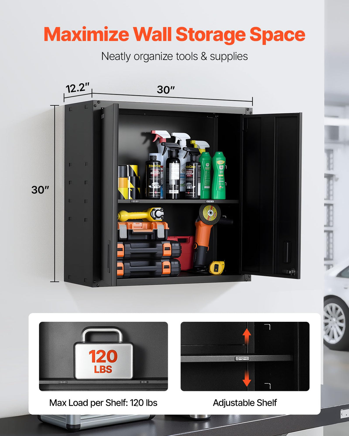 VEVOR wall cabinet doors open for quick tool access.