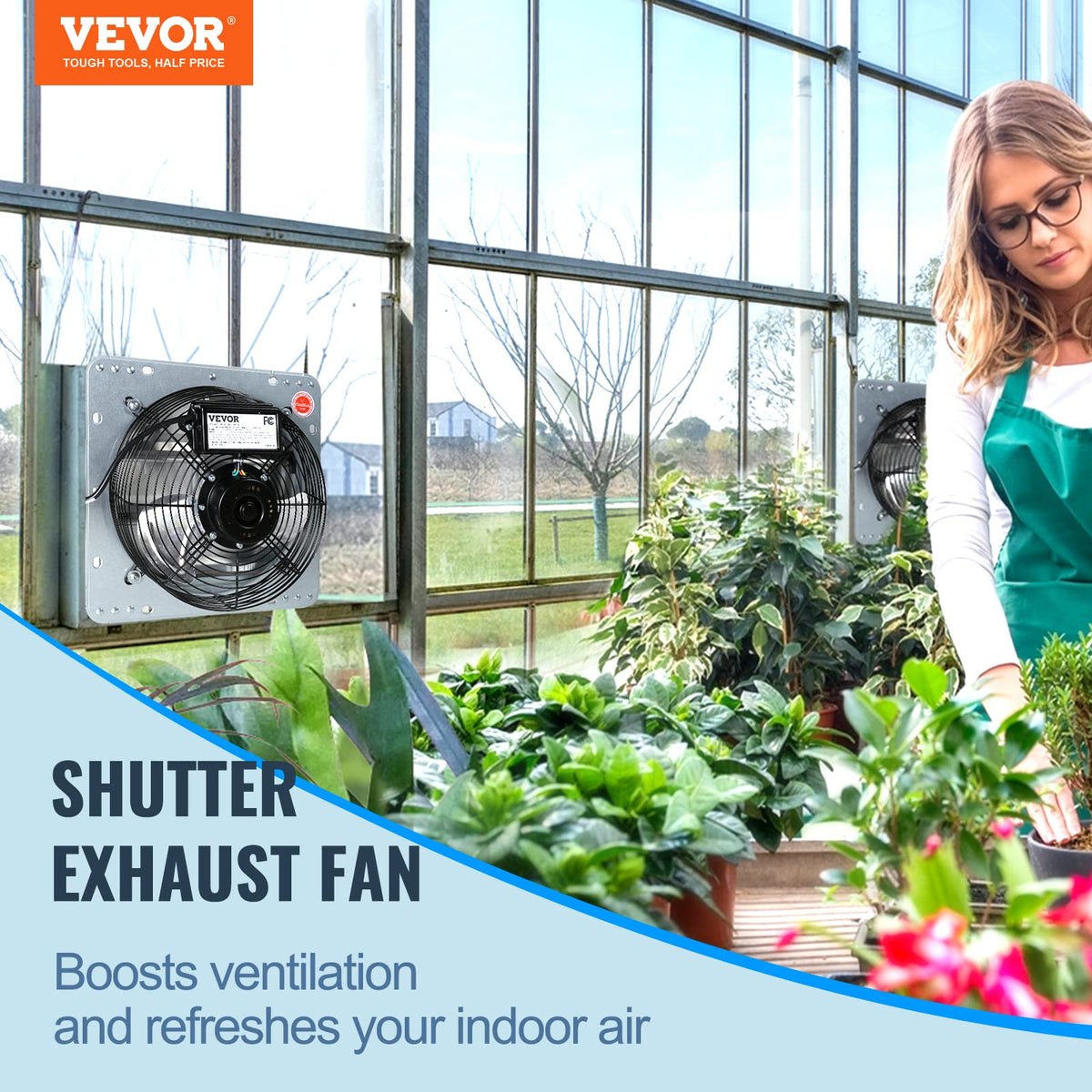 VEVOR wall-mount exhaust fan side view showing aluminum blades for durable ventilation.