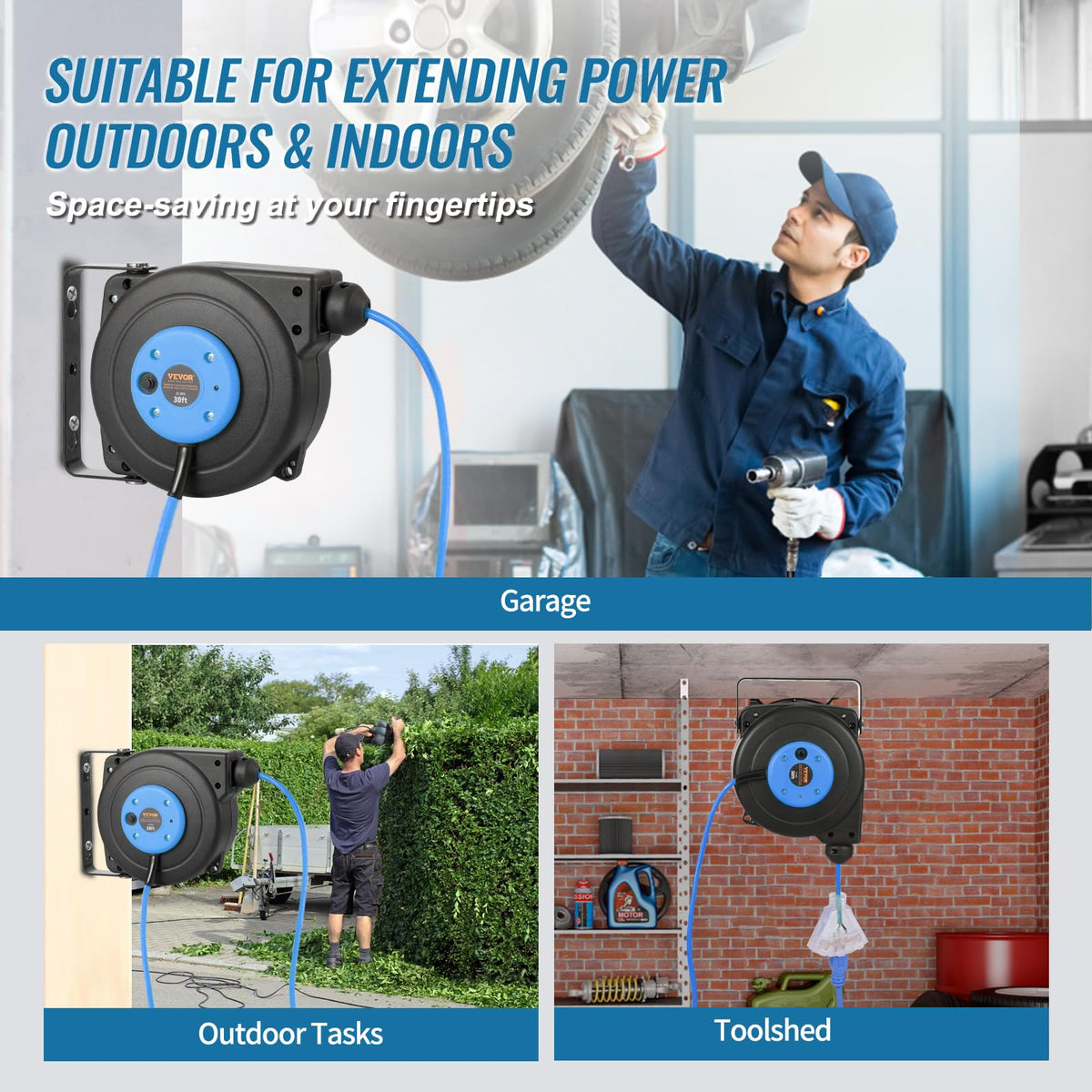 VEVOR wall-mount ready reel for flexible placement in spaces.