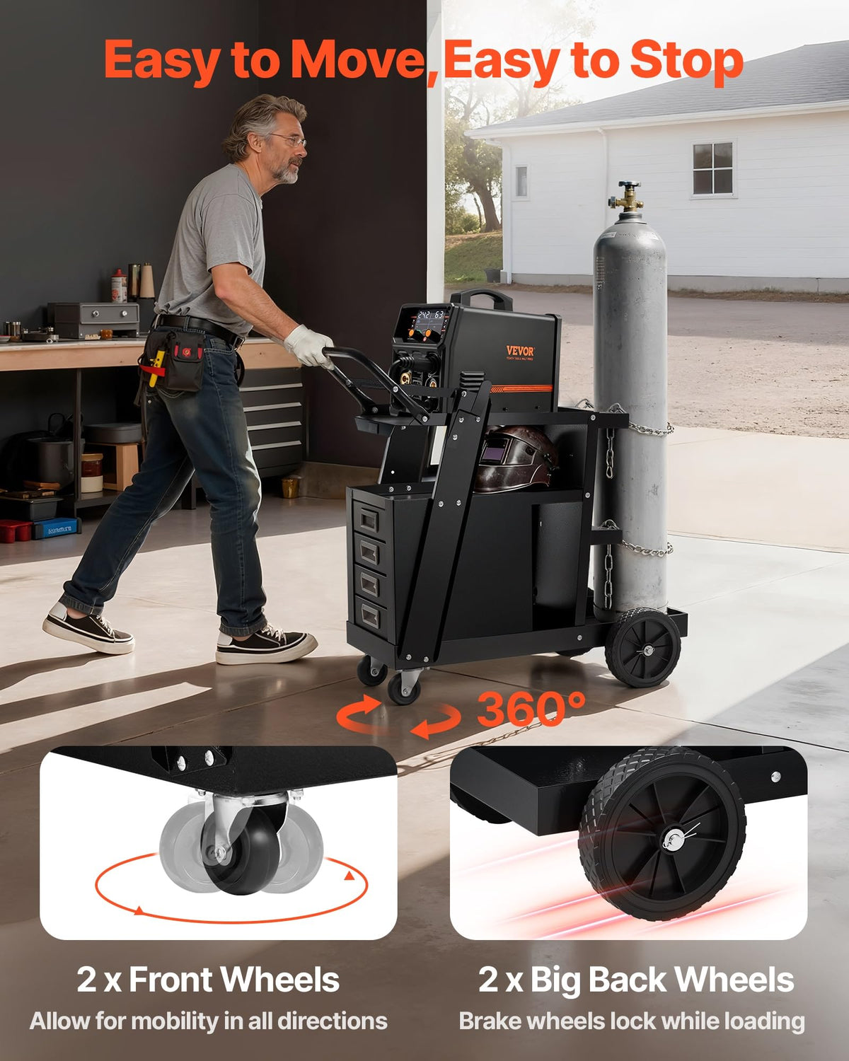 Two front casters enable 360-degree maneuverability for easy positioning.