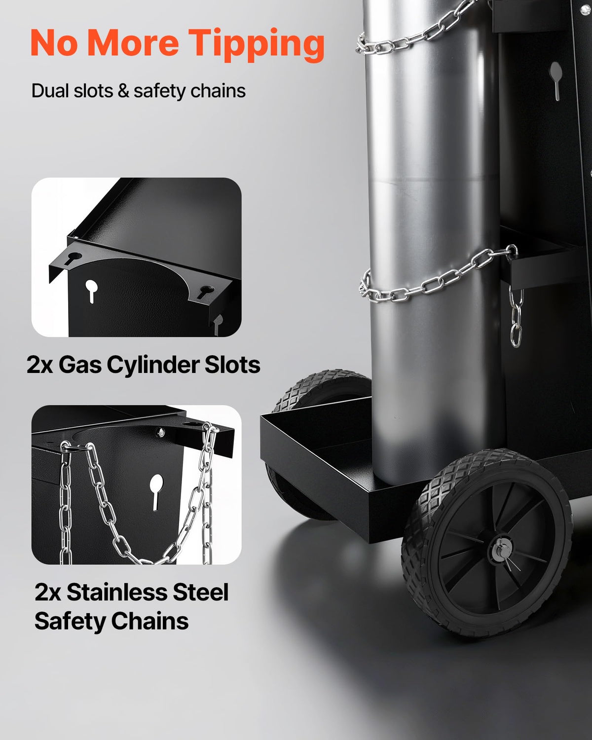 Large rear casters add stability when moving heavy loads.