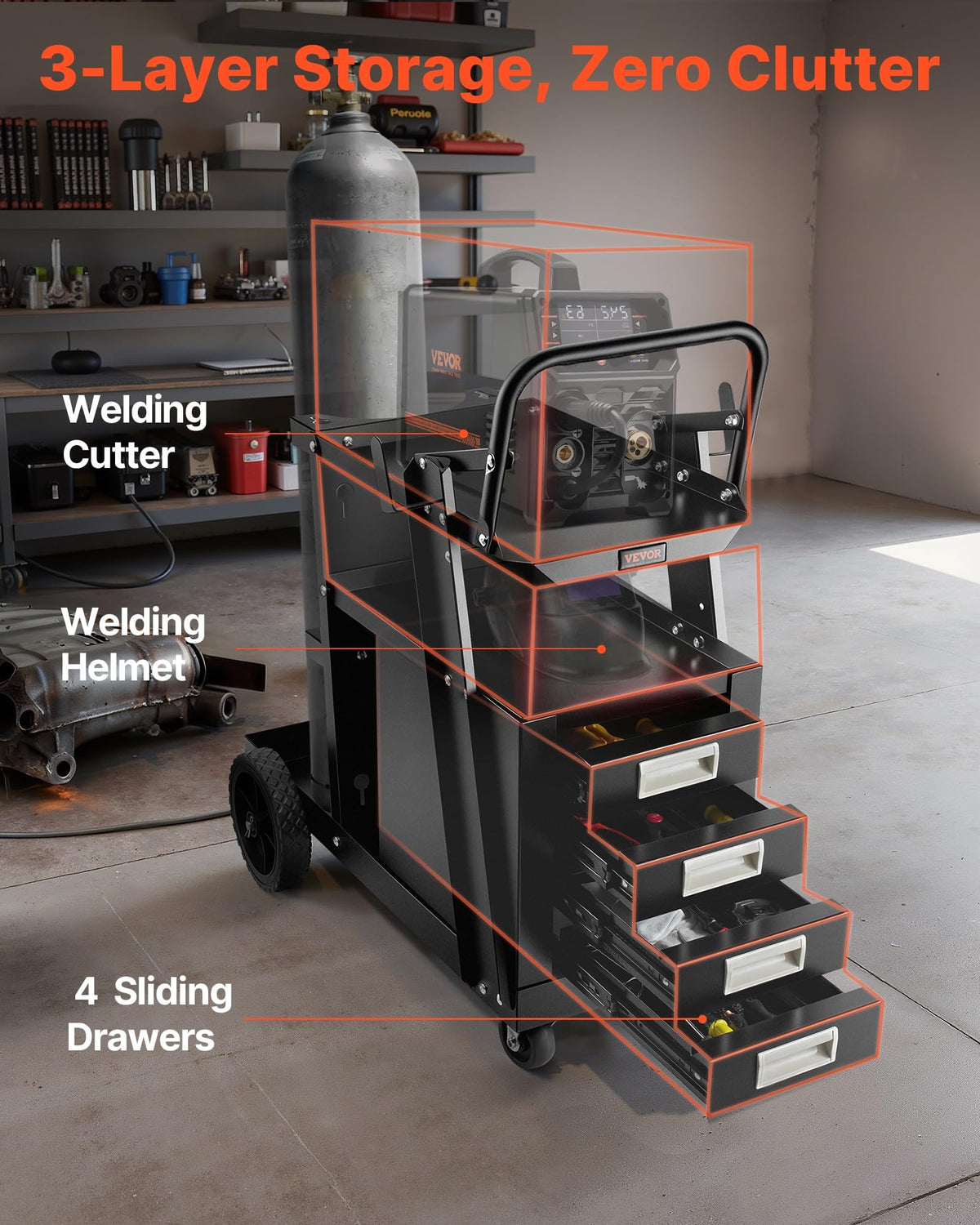 VEVOR welding cart with drawers demonstrates organized storage for tools and consumables.