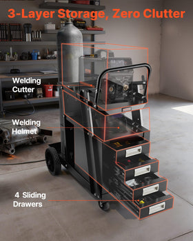 VEVOR welding cart with drawers demonstrates organized storage for tools and consumables.