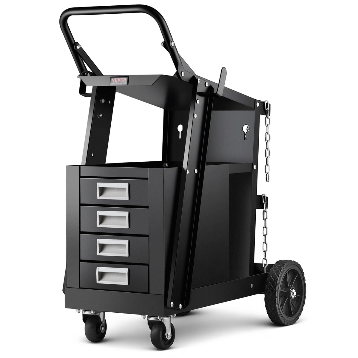 VEVOR welding cart front view highlights sturdy steel build for heavy welding tasks.