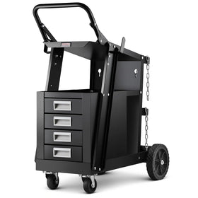 VEVOR welding cart front view highlights sturdy steel build for heavy welding tasks.