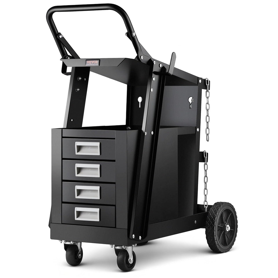 VEVOR welding cart front view highlights sturdy steel build for heavy welding tasks.