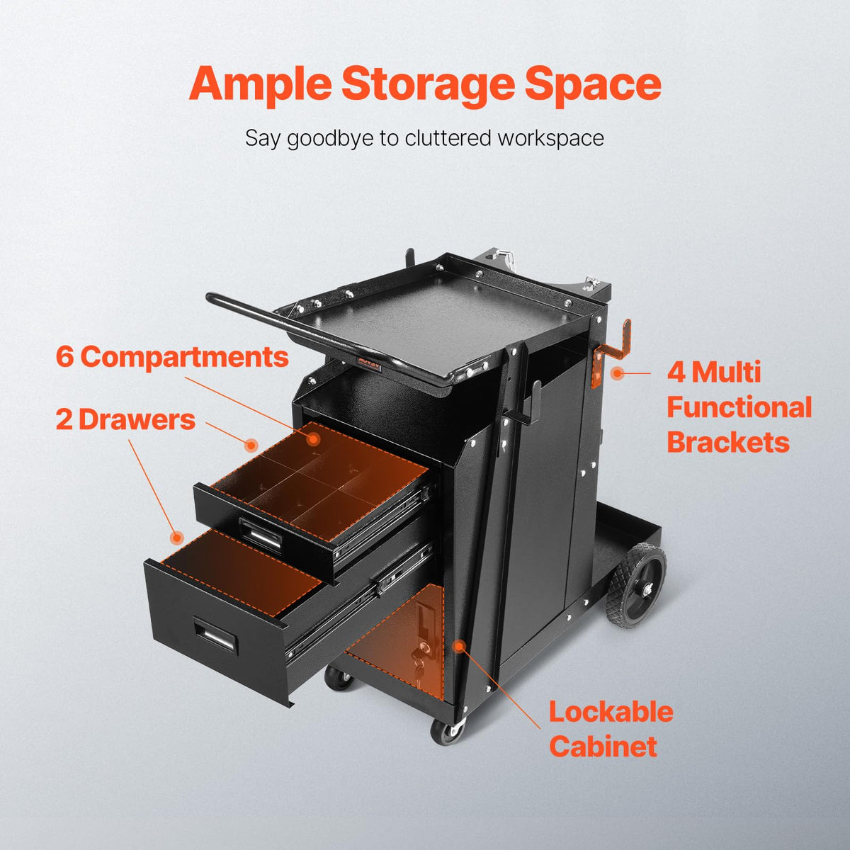 VEVOR welding cart with gas cylinder slots for safe storage.