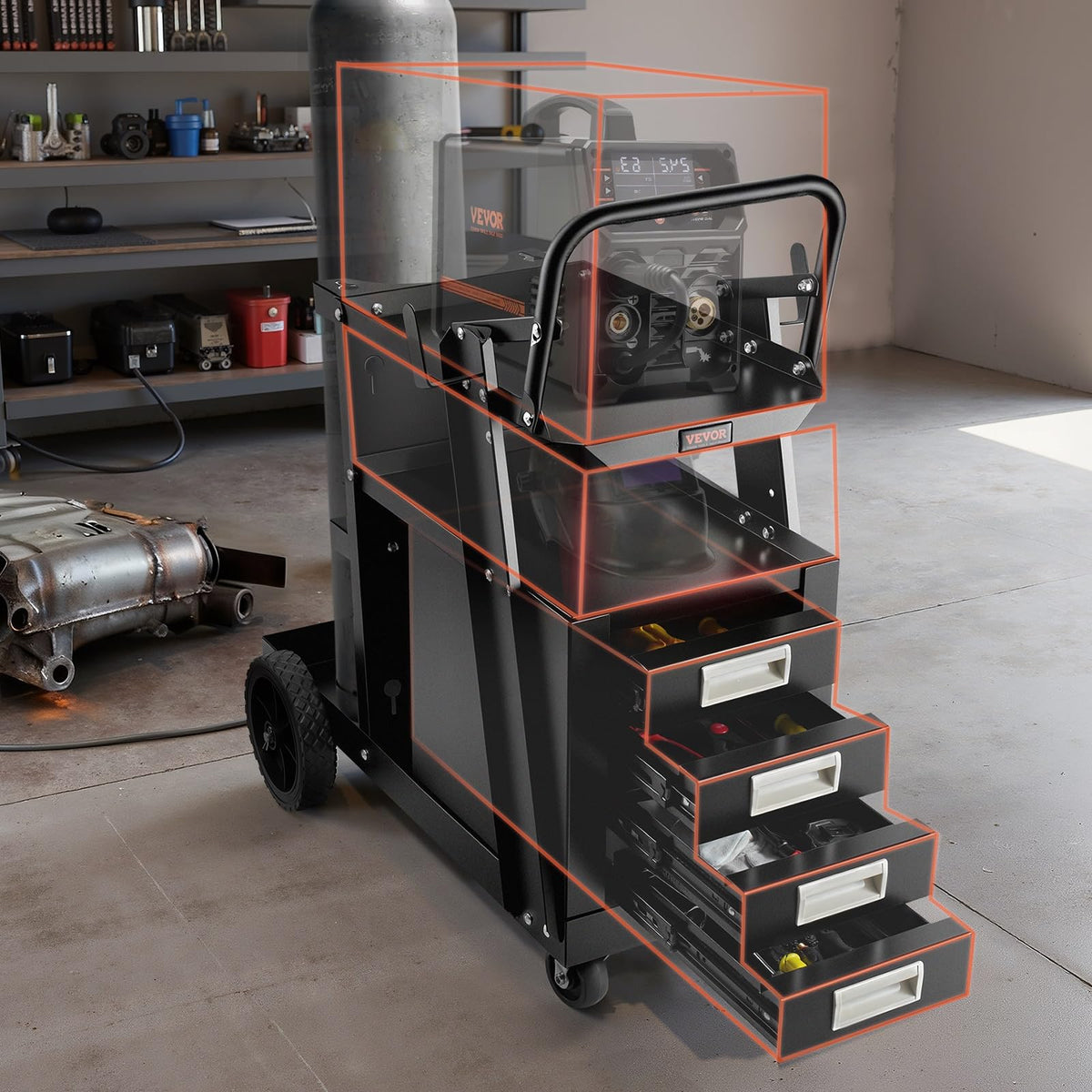 Upper and lower trays provide ample space for tools and accessories.