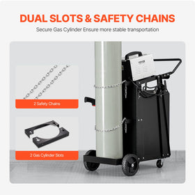 VEVOR welding cart safety chains securing cylinders during transport.