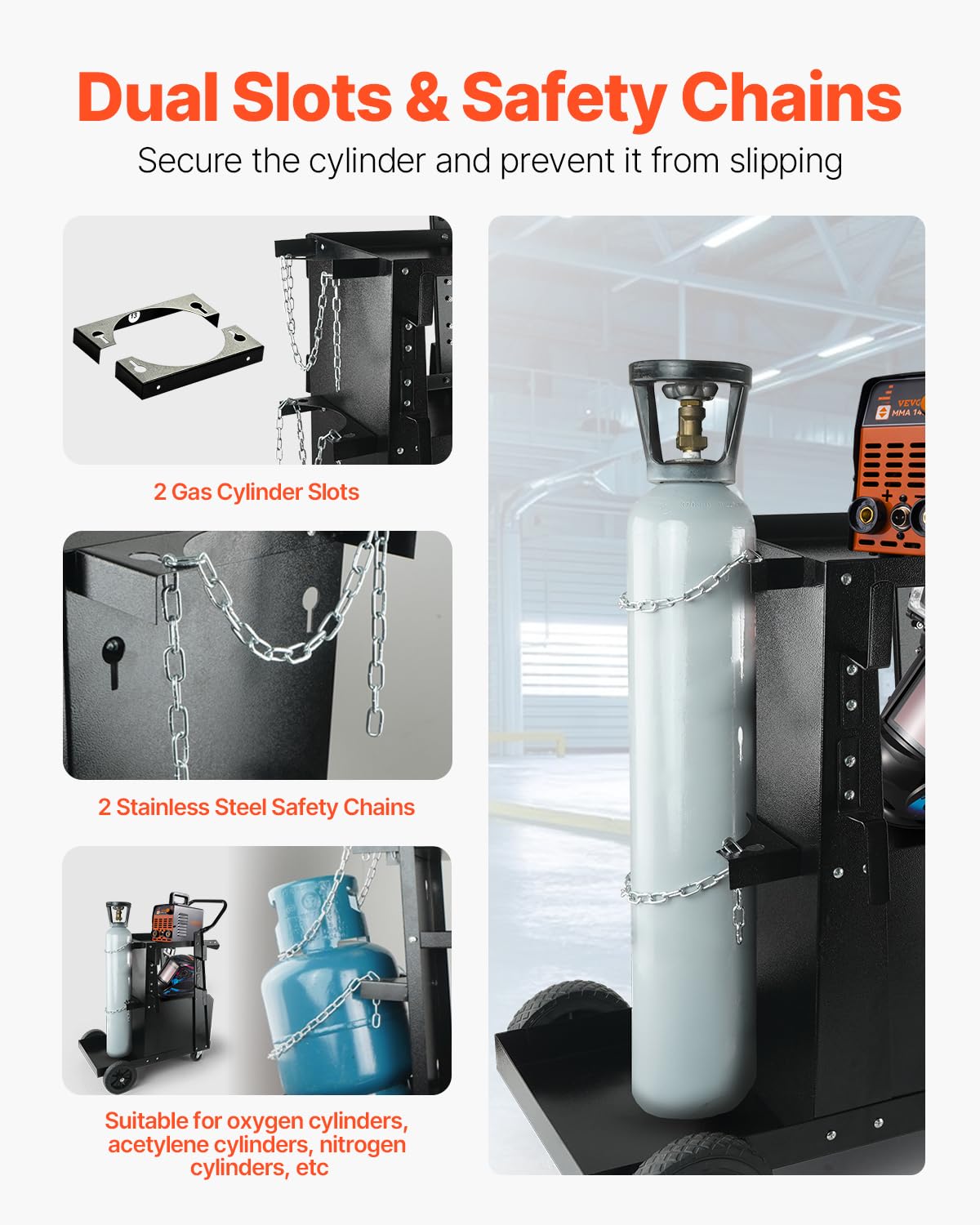 VEVOR welding cart safety chains secure gas cylinders during transport.