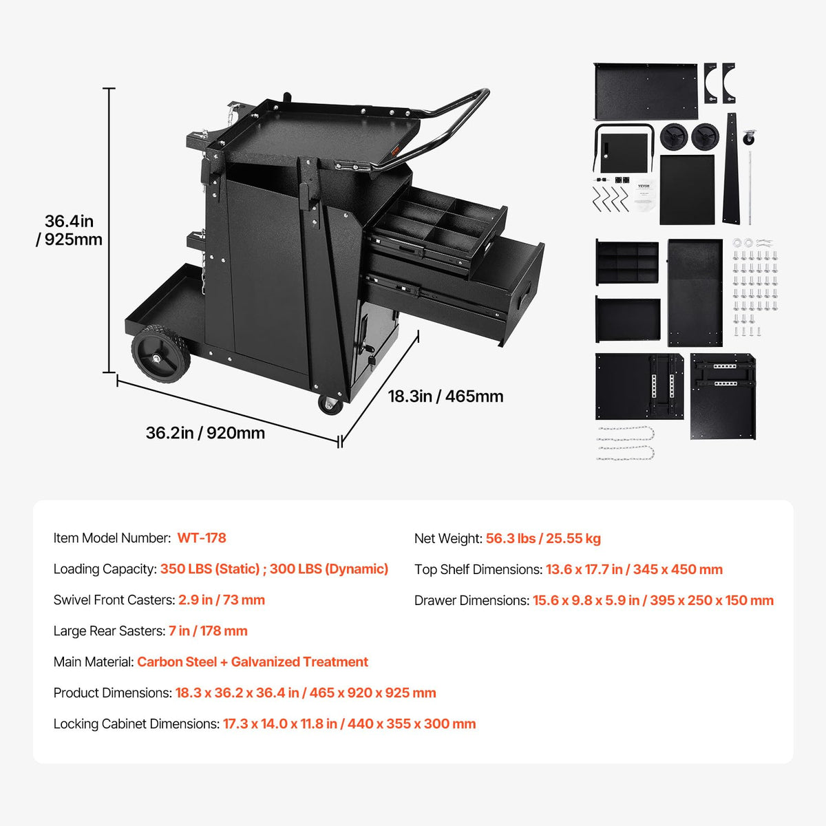 VEVOR upper drawer and cabinet dimensions for tool planning.