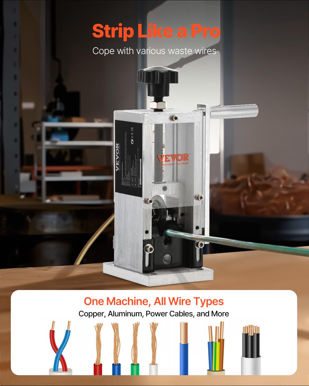 VEVOR wire stripper shows a clear acrylic panel to monitor progress.
