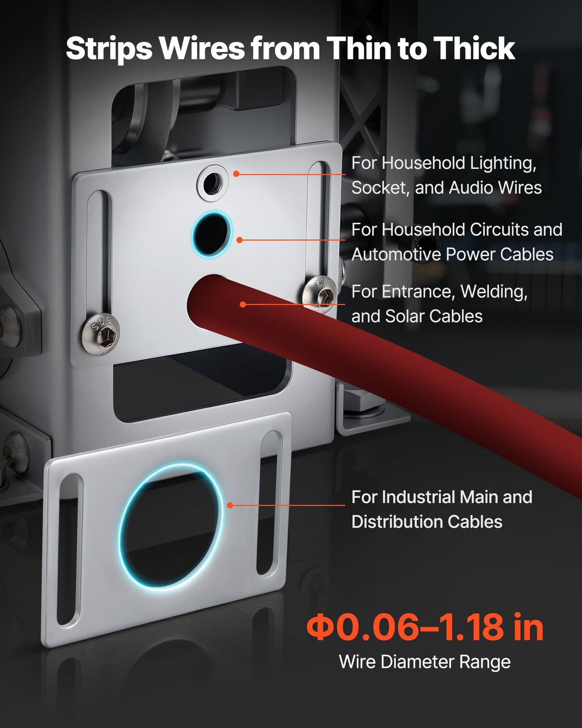 VEVOR wire stripper machine guide tube aligned for thin wires during stripping.