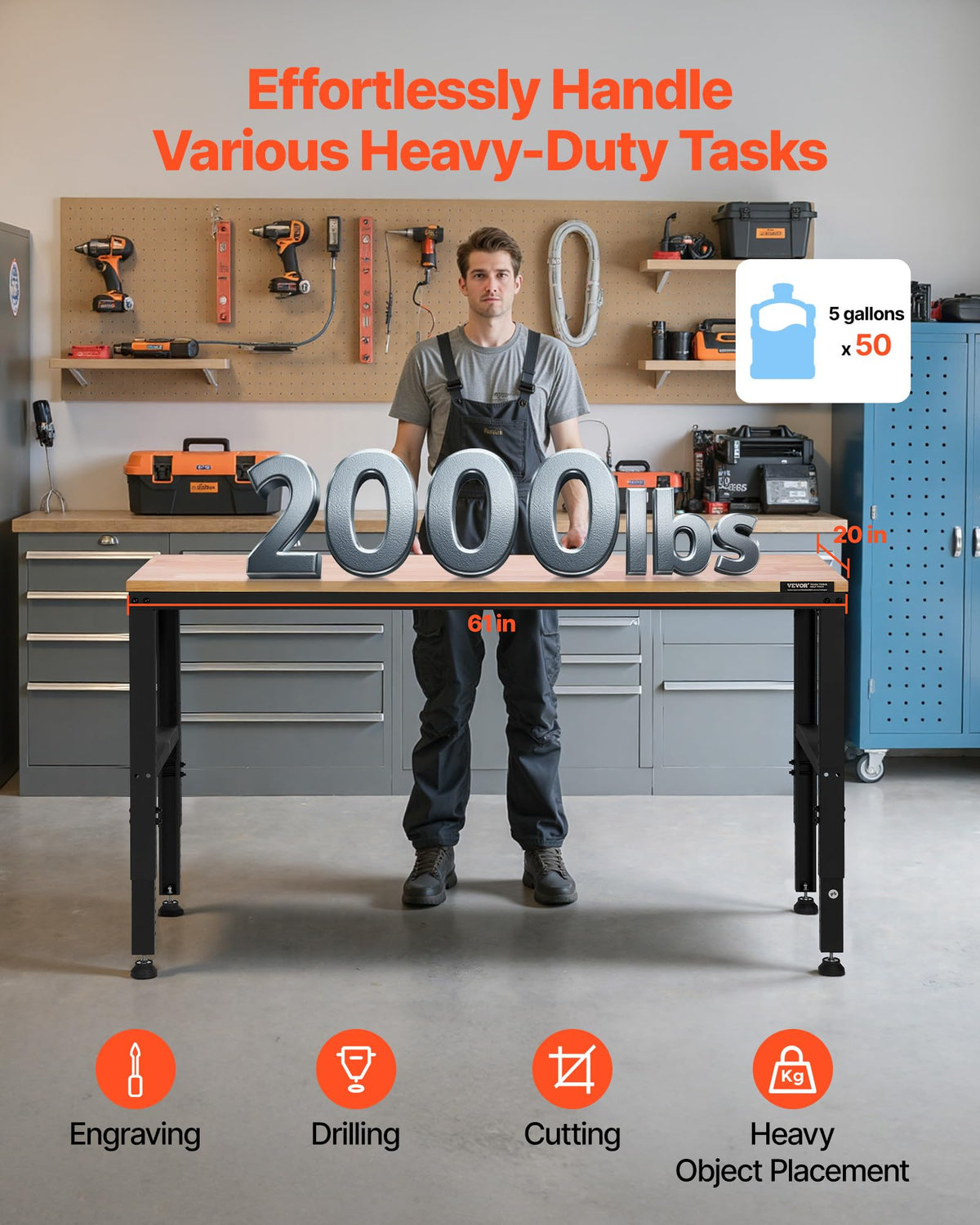 VEVOR workbench surface area 61x20 inches for spacious tool layout.