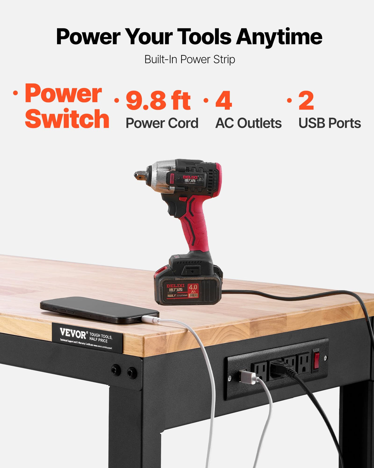 VEVOR workbench built-in power outlets for convenient power access.