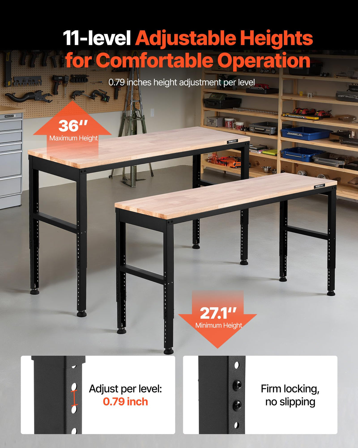 VEVOR workbench height adjustment from 27 to 36 inches for ergonomic comfort.