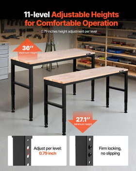 VEVOR workbench height adjustment from 27 to 36 inches for ergonomic comfort.